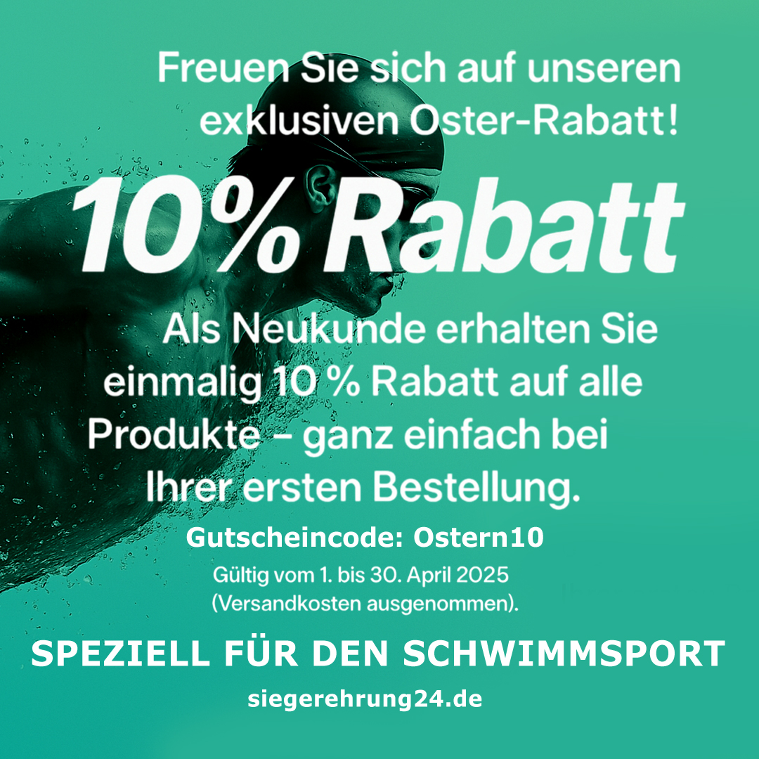 Oster-Rabatt 10% auf Medaillen, Pokale & Trophäen für den Schwimmsport
